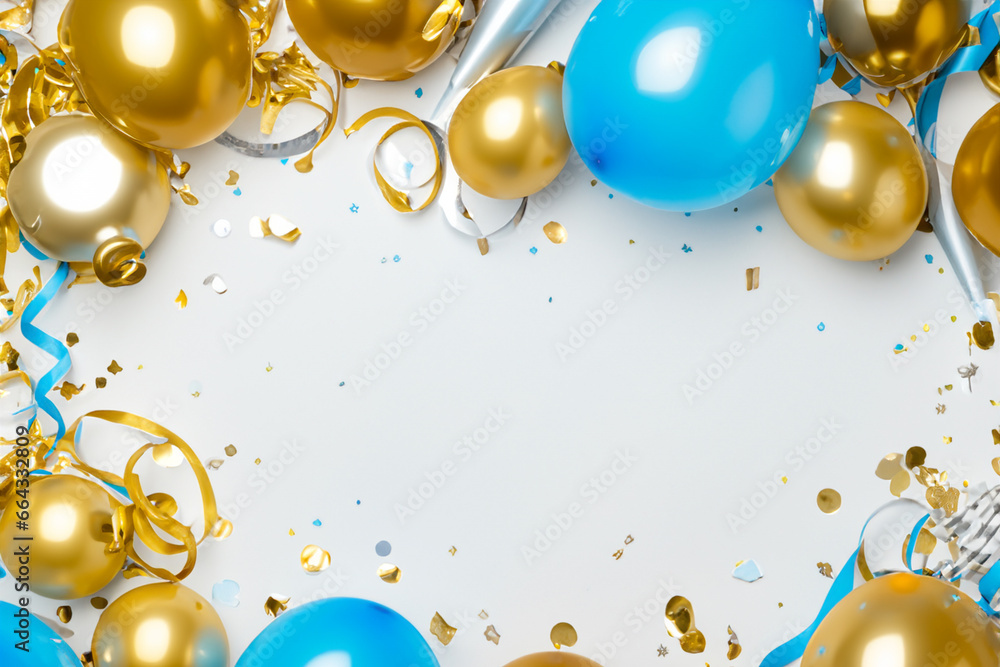 Holiday background with golden and blue metallic balloons, confetti and ...