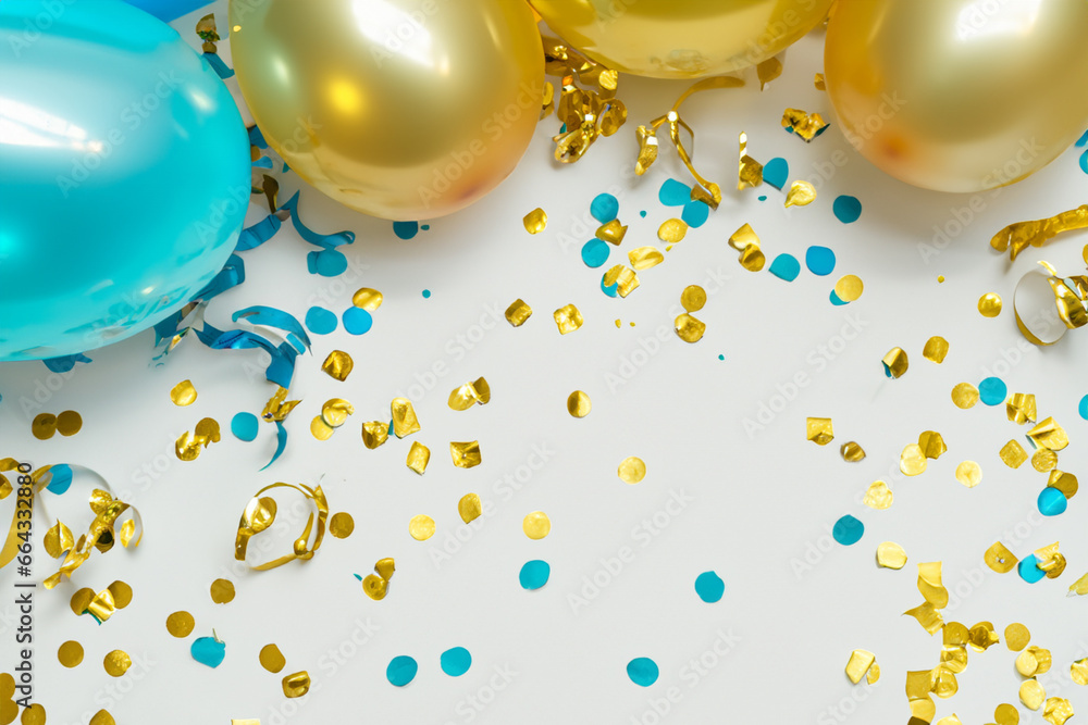 Holiday background with golden and blue metallic balloons, confetti and ...