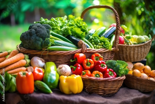 Variety of fresh organic vegetables and fruits in the garden.