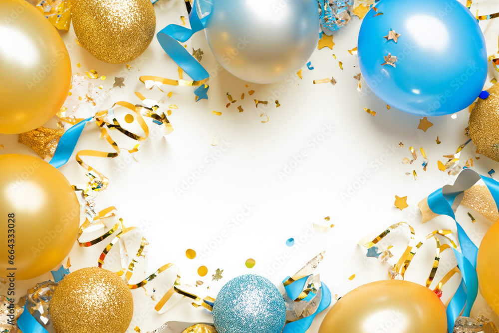 Holiday background with golden and blue metallic balloons, confetti and ...