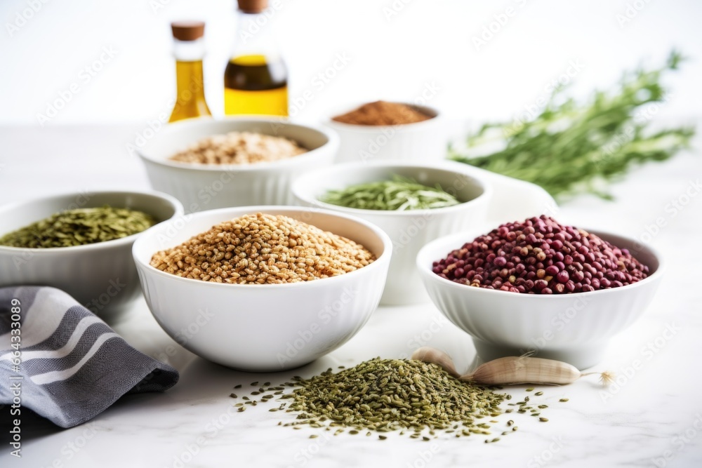 herbs and grains in bowls on a white table herbs and grains in bowls on a white table