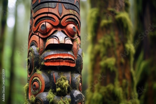 the close-up detail of a tribal totem pole
