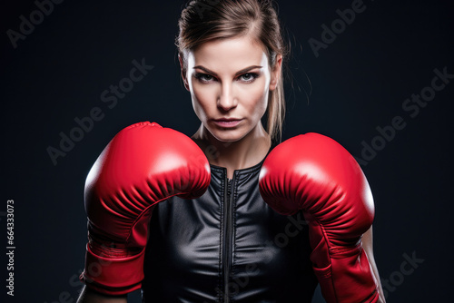 Portrait of a confident athlete woman posing in red boxing gloves isolated over black background. Concentrated face portrait. 