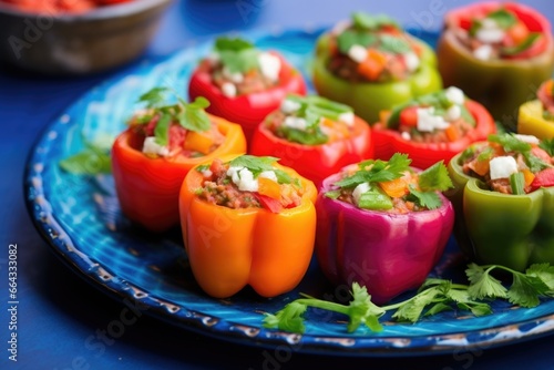 rainbow bell peppers stuffed with chunky salsa on a blue plate