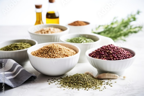 herbs and grains in bowls on a white table