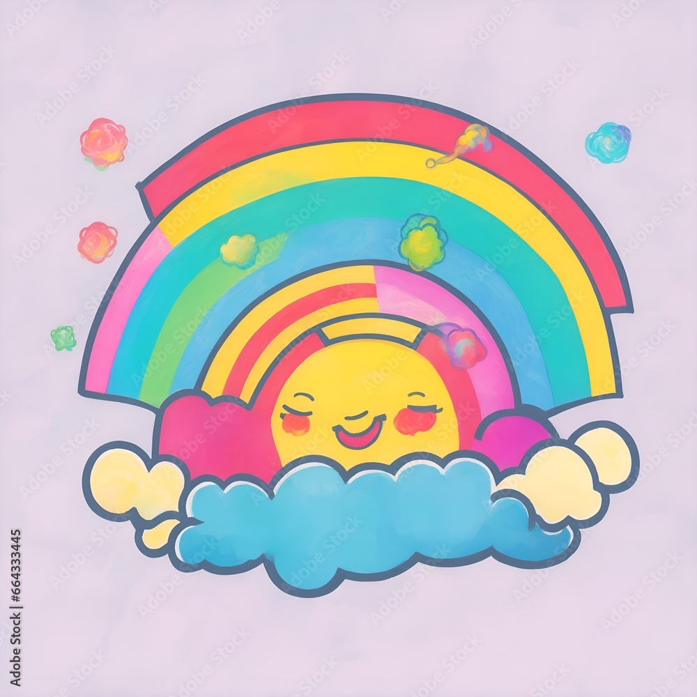 cute colorful rainbow with cloud line art doodle