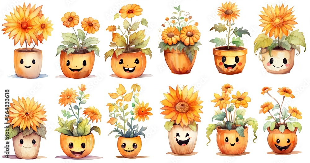 Fototapeta premium watercolor style illustration , Halloween pot plant isolated on white background, collection set, Generative Ai