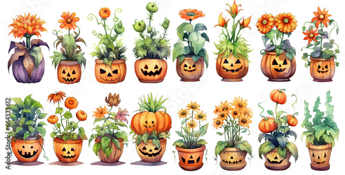 watercolor style illustration , Halloween pot plant isolated on white background, collection set, Generative Ai