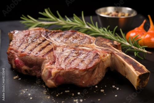 t-bone steak with grill marks, garnished with rosemary
