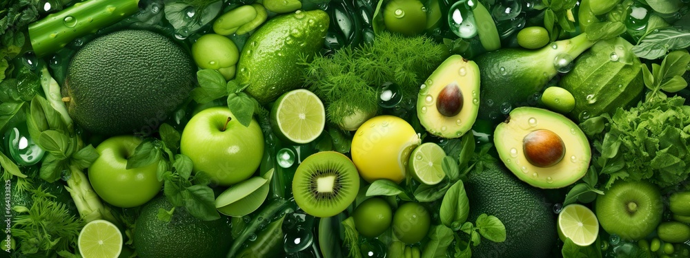 Banner layout of green fruits and vegetables. - obrazy, fototapety, plakaty 
