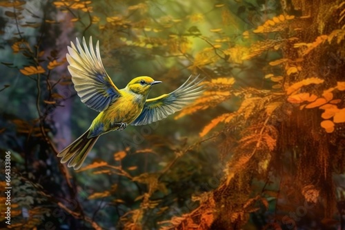 Small bird hovering, perfecting flight amidst vibrant woods. Generative AI © Lysandra