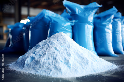 Chemical fertilizer Urea Stockpile white jumbo-bag. Heap or pile of salt granules of phosphorus fertilizers on chemical plant.  photo
