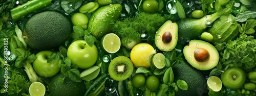 Banner layout of green fruits and vegetables. © FurkanAli