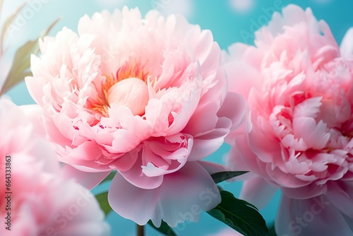 Beautiful pink large flowers peonies on a light blue turquoise background.