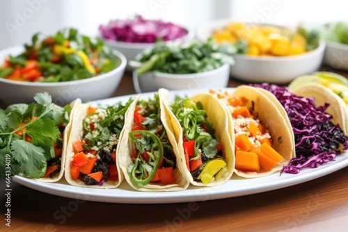 an array of colorful vegetable tacos on a white plate