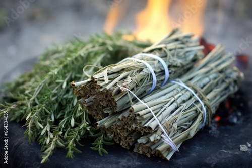 close-up of smoldering sage bundle in a shell