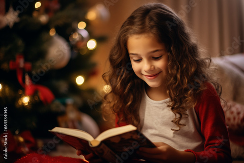 Boy and Gilrl reading in Christmas, boy and gilrl in Christmas, Peachful Christmas, boy and gilrl in open a present on Christmas, Family in Christmas, © Marut