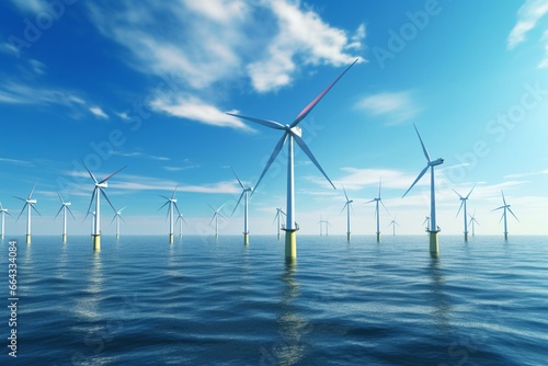 Turbines at sea, blue sky, green energy concept. Generative AI