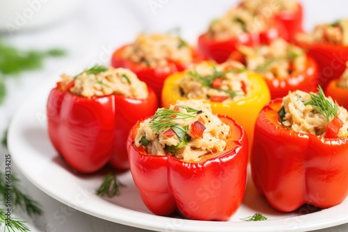 close view of stuffed peppers with tuna on a white plate
