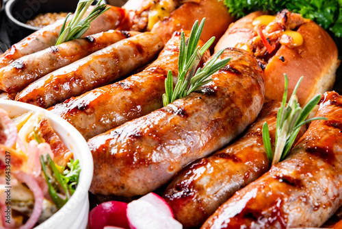Set with various meat Bavarian, Frankfurt, German grilled sausages, Oktoberfest food