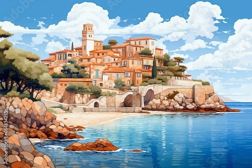 Illustration: Renaissance riviera by the sea, idyllic coastal landscape art, picturesque Mediterranean town in summer. Generative AI