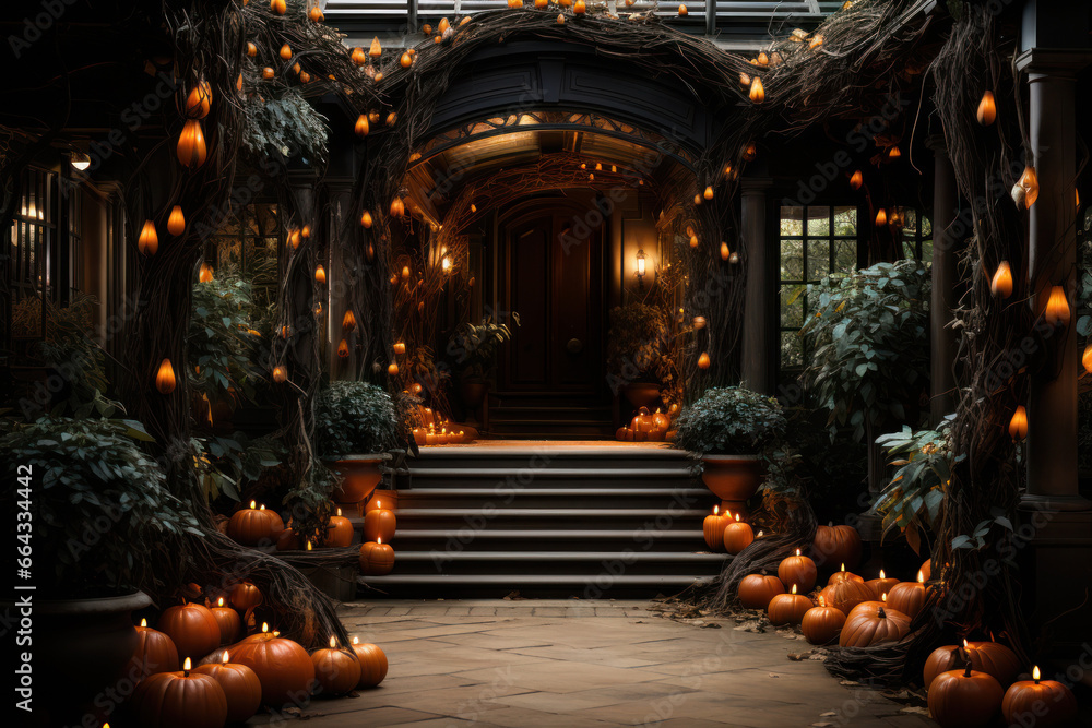 Modern house entrance with halloween decoration. Black house. Orange pumpkin and flowers autumn decor in front of doorstep