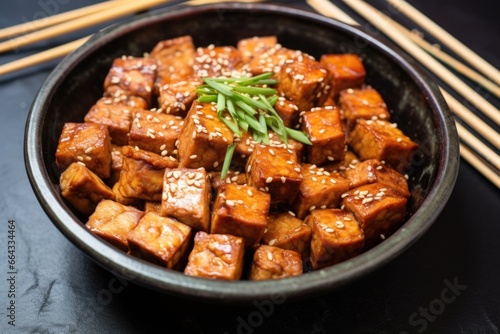tofu steak pieces arranged in a teriyaki marinade bowl