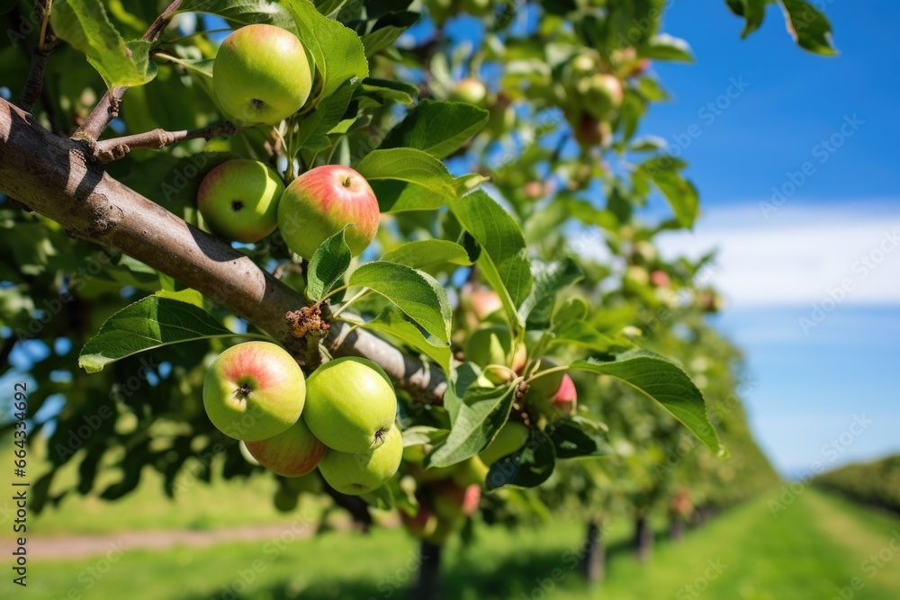 organic apple tree branch against non-organic apple orchard