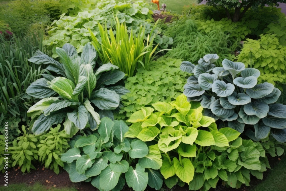 birds eye view of a sprawling bed of perennial hostas birds eye view of a sprawling bed of perennial hostas