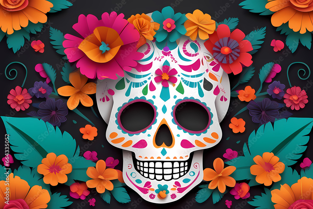 Day of the dead skull decorated with flowers ai generative illustration