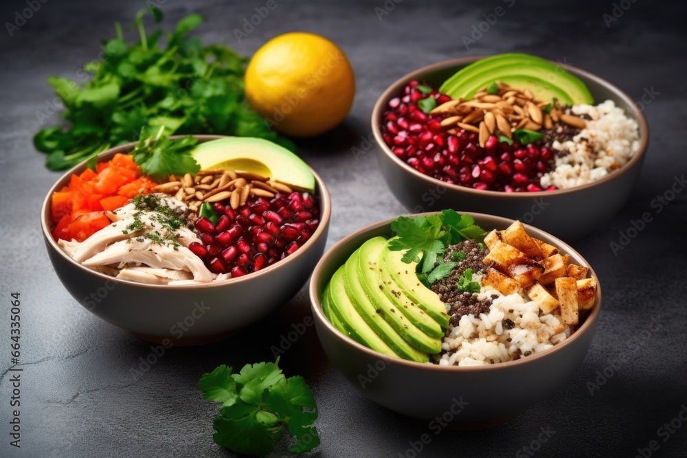 freshly-prepared salads with chicken, avocado and seeds freshly-prepared salads with chicken, avocado and seeds