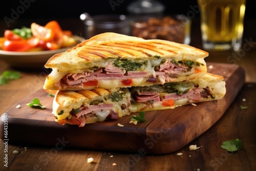 a cuban toasted sandwich presented on a wooden chopping board