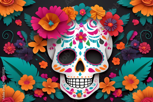 Day of the dead skull decorated with flowers ai generative illustration