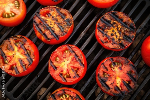 grilled tomatoes with blackened areas, seen from overhead photo