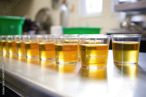 a row of urine sample cups on a counter put into focus