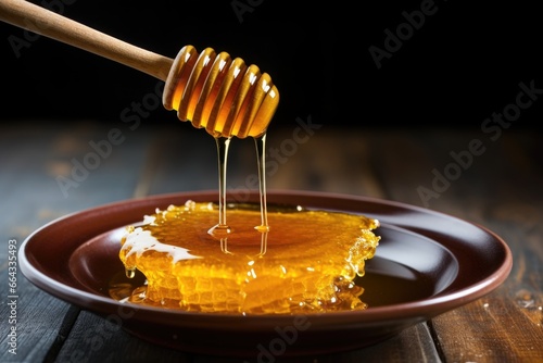 honey dripper over a bowl filled with raw honey photo