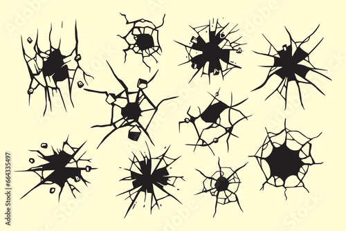 hand drawn cracked glass,wall,egg,ground in cartoon doodle style vector illustration. Cracks set, broken glass or wall, cracked ground or concrete. 