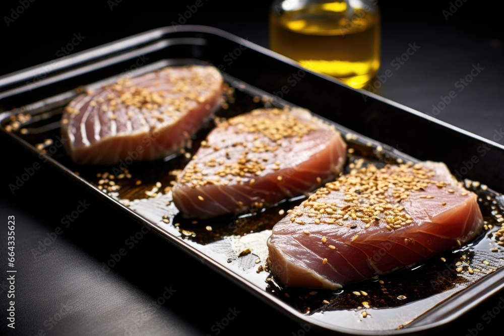tuna steaks basted in sesame seed oil on a silver tray