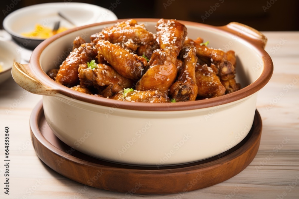 a ceramic dish filled with slow-cooked, honey-glazed chicken wings a ceramic dish filled with slow-cooked, honey-glazed chicken wings