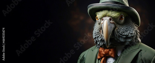 Mr green parrot gentleman in boss hat and scientist. AI generated