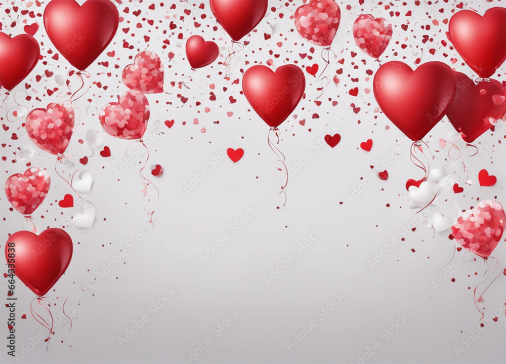 Valentines Day background with red balloons, flowers, confetti, hearts