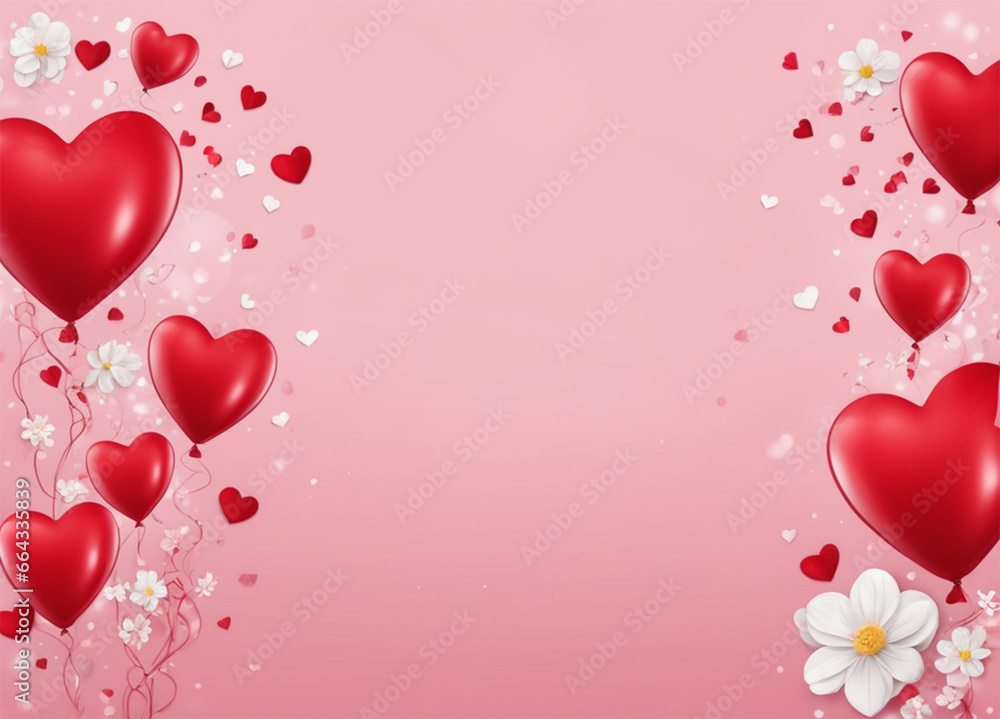 Valentines Day background with red balloons, flowers, confetti, hearts