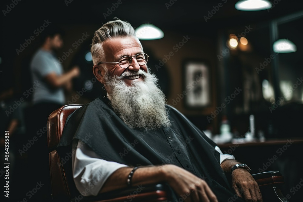 Elderly bearded man at barbershop. Smiling happy person with style beard. Generate Ai