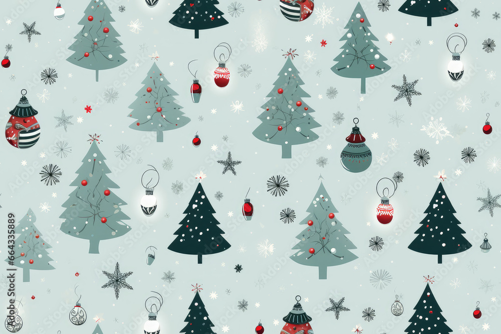 Christmas seamless pattern with drawings of Christmas tree, snowflakes and Christmas tree decorations. Winter christmas background for wrapping paper, textile, wallpaper, cards.