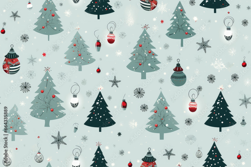 Christmas seamless pattern with drawings of Christmas tree, snowflakes and Christmas tree decorations. Winter christmas background for wrapping paper, textile, wallpaper, cards. Christmas seamless pattern with drawings of Christmas tree, snowflakes and Christmas tree decorations. Winter christmas background for wrapping paper, textile, wallpaper, cards.
