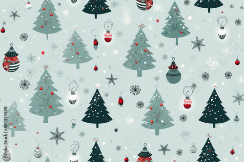 Christmas seamless pattern with drawings of Christmas tree, snowflakes and Christmas tree decorations. Winter christmas background for wrapping paper, textile, wallpaper, cards. © dargog