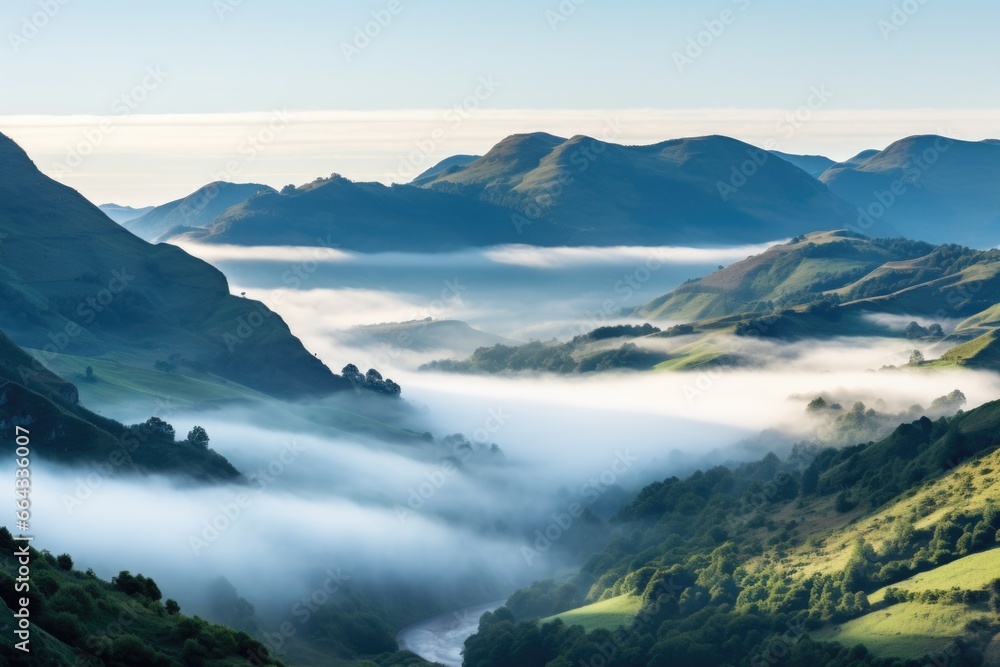 Obraz premium mist rising over a tranquil mountain valley