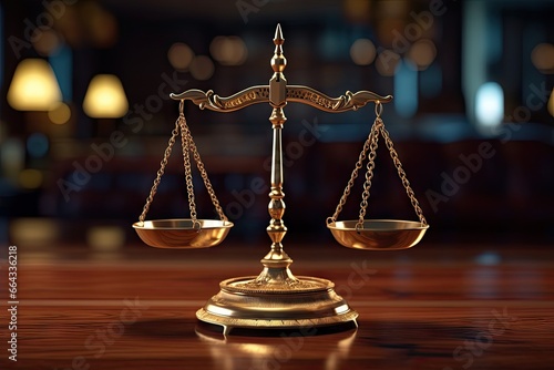 Balancing justice. Scales of legal system. Gavel of truth. Courtroom with wooden table. Liberty and equality. Law and symbolism