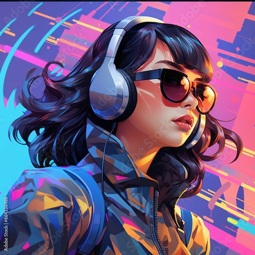 Beautiful girl with headphones listening to music. 3d rendering