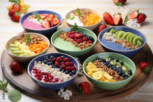 colorful smoothie bowls topped with fresh fruits and granola
